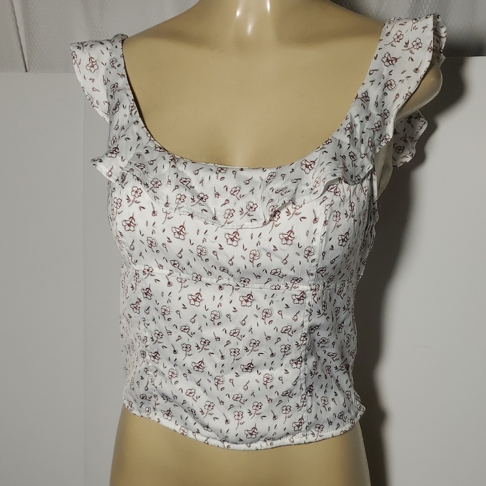 Free People White Floral Ruffle Sleeve Women's Smocked Top Size M